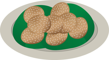 Onde-Onde Illustration On Plate, Indonesian cuisine. Traditonal Cake.