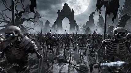 Skeleton Army March - A vast army of skeletons with glowing blue eyes marches forward in a desolate, dark landscape. In the background, a ruined gothic archway is visible under a full moon. - Powered by Adobe