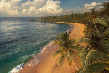 Tropical Beach Landscape With Palm Trees And Golden Sand In Sri Lanka