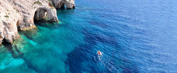 Aerial drone ultra wide panoramic photo of scenic paradise complex of blue caves in Northern part...