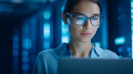 A woman sits attentively in a server room, tapping on her laptop. The blue lights from the servers give an impressive, modern atmosphere as she focuses deeply on her tasks during the evening