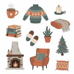 Cozy winter elements collection, hygge style, vector design	