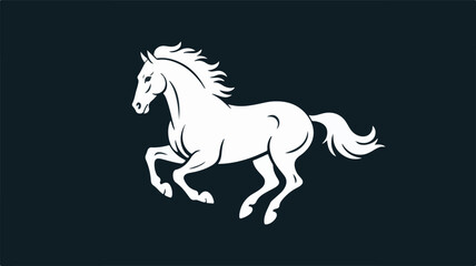 Minimalist white silhouette of a galloping horse on black background, elegant prancing motion, flowing mane and tail, clean modern design, strong contrast artwork.
