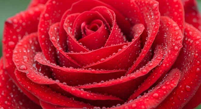 Close up of a vibrant red rose covered in delicate water droplets