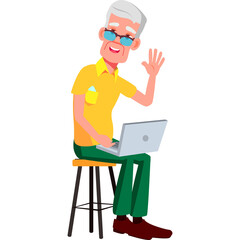 Elderly Man With Gray Hair And Glasses Sits On A Stool Holding A Laptop And Waving Hello With A Friendly Smile On His Face