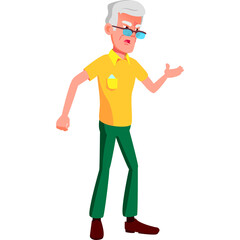 Elderly Man With Gray Hair And Glasses Wearing A Yellow Polo Shirt And Green Pants Standing With His Hand Out In A Speaking Gesture Isolated On White Background