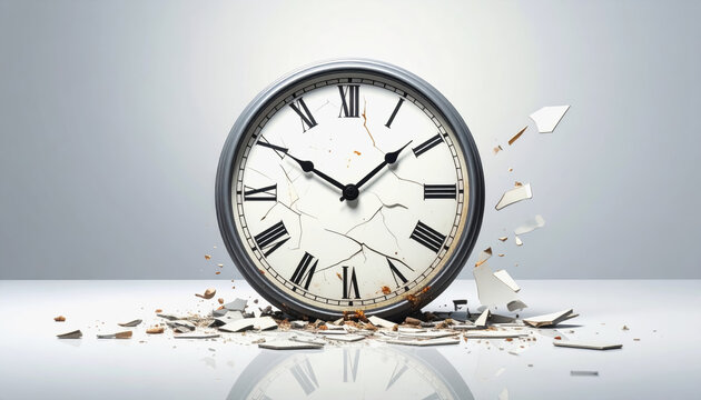 Clock with a broken face symbolizing time pressure and anxiety with ample copy space for conceptual reflection and insight