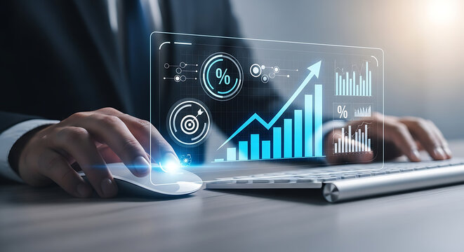 Businessman using computer mouse and keyboard to analyze financial data, market growth, and investment charts on a transparent interface. - Powered by Adobe