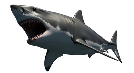 Great white shark with its mouth wide open showing dangerous teeth standing on transparent background marine predator with visible gills