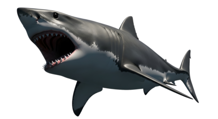 Great white shark with its mouth wide open showing dangerous teeth standing on transparent background marine predator with visible gills