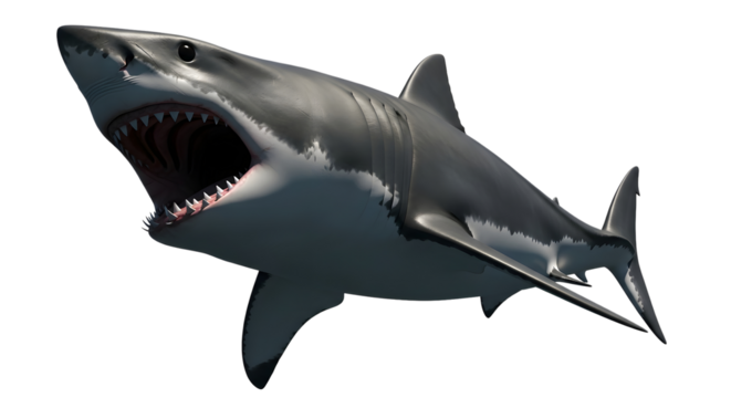 Great white shark with its mouth wide open showing dangerous teeth standing on transparent background marine predator with visible gills - Powered by Adobe