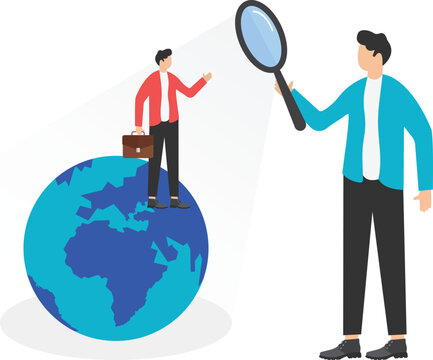 Government officer use magnifying glass to look at businessmen standing
