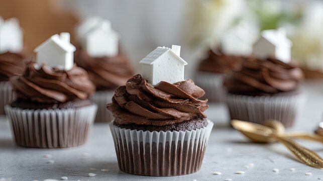 Chocolate cupcakes decorated with small white house toppers at a festive gathering in a cozy kitchen setting