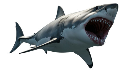 Great white shark mouth open realistic front view on transparent background predatory marine animal from sea ocean with dangerous teeth isolated