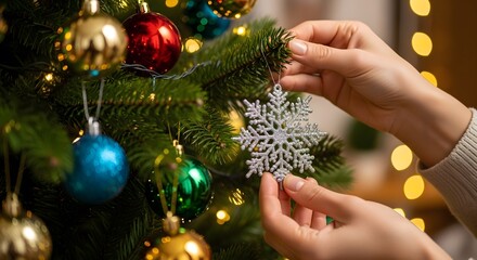 Close-up view of hands decorating a Christmas tree with a snowflake ornament.