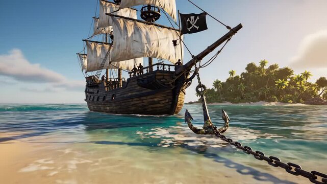 Pirate Ship Anchored Near Tropical Island - A pirate ship with sails lowered is anchored in the shallow, clear water near a tropical island.
