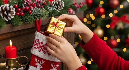 A person's hands placing a golden gift box into a Christmas stocking near a lit candle.