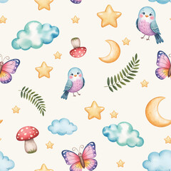 Whimsical Watercolor Nursery Seamless Pattern - Cute Birds, Butterflies, Stars, Clouds, and Mushrooms on a Gentle Beige Background for Baby Fabric, Children's Wallpaper, and Sweet Design Projects 