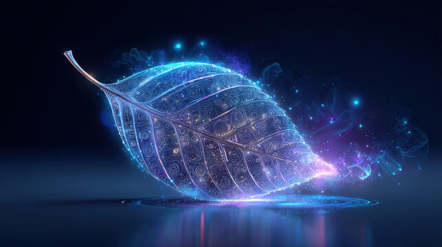 Futuristic neon holographic leaf glows with vibrant colors and intricate patterns, surrounded by ethereal light and mist, creating captivating and interactive visual experience
