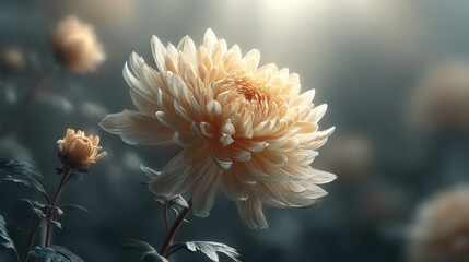 Photorealistic chrysanthemum in full bloom showcases delicate petals and soft hues, radiating beauty and tranquility in serene garden setting