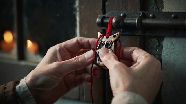 Krampusnacht. Hands securely fastening a lock with red string in candlelit setting
