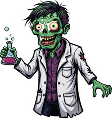 Zombie scientist vector, creepy lab character, horror experiment theme, spooky science illustration, undead researcher with flask, Halloween mad doctor concept
