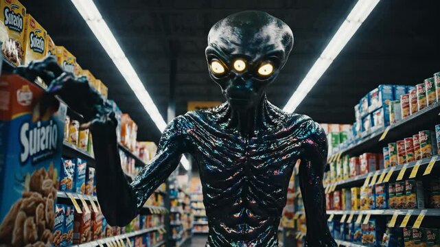 Alien Browsing Grocery Store Aisle - A three-eyed alien with iridescent skin peruses the grocery store aisle selecting cereal. The shelves are lined with various food products.