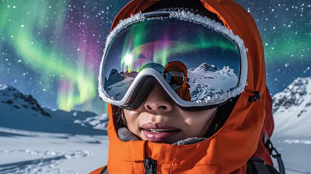 Adventurous woman enjoying the northern lights in snowy landscape  