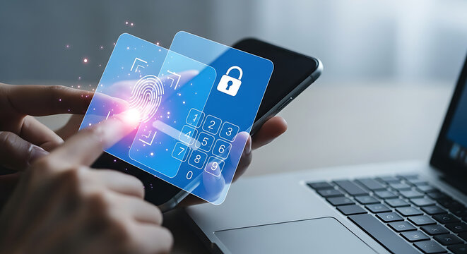 Person using smartphone with fingerprint scan and passcode interface for secure access to data and digital protection
