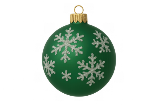 Green christmas ornament decorating holiday celebrations with glitter snowflakes, representing winter season and festive cheer on transparent background