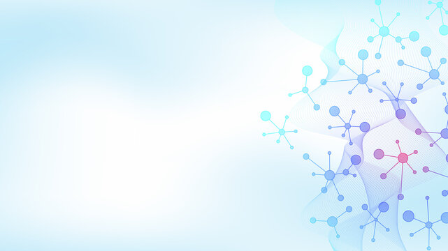 Colorful molecules background. DNA helix, DNA strand, DNA Test. Molecule or atom, neurons. Abstract structure for science or medical background, banner. Scientific illustration.