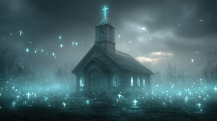 Surreal glowing church surrounded by floating luminous crosses creates ethereal atmosphere. scene evokes sense of mystery and tranquility, with foggy landscape enhancing otherworldly feel