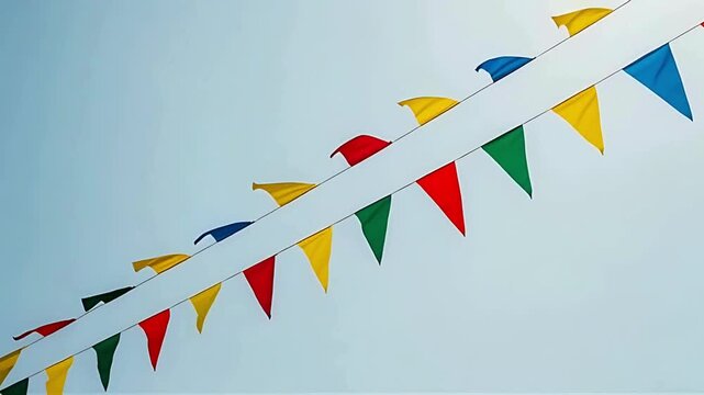 Colorful triangle flags waving gently in the breeze against a clear sky, perfect for festival, party, or celebration videos
