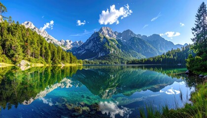 Crystal Clear Mountain Lake Reflecting Majestic Peaks And Lush Green Pine Forests Under A Bright Blue Sky With Fluffy White Clouds And Sunlight