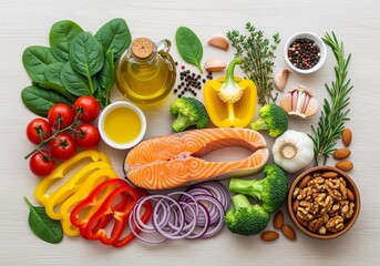Flat lay of natural anti-inflammatory diet ingredients such as salmon olive oil and vegetables wellness background