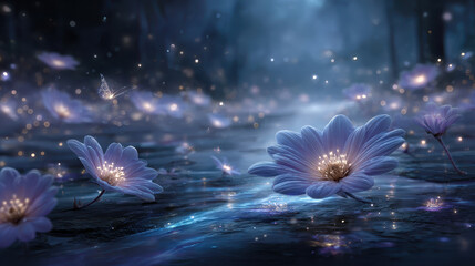 Surreal glowing wildflower scene with floating luminescent flowers, shimmering water, and ethereal light creates magical atmosphere. enchanting beauty captivates viewer imagination