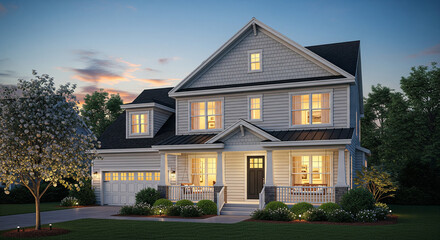 Exterior shot of a charming house in a peaceful suburban setting, with lights subtly on in a few windows. The sky is a gentle twilight blue, creating a warm, inviting glow. Belonging, safety, domestic