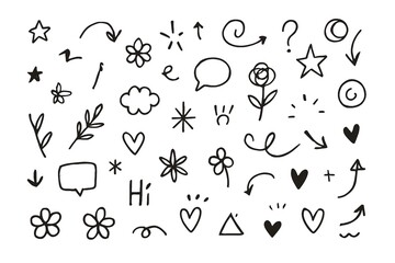 A clean vector illustration of various hand-drawn doodles and icons on a white background. The set includes arrows, stars, hearts, flowers, speech bubbles, and creative decorative elements. Perfect fo