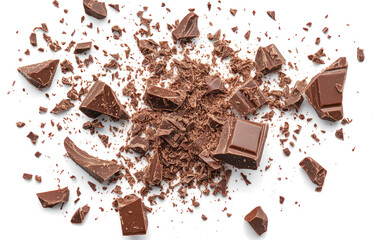 broken chocolate pieces flying, isolated on a transparent background