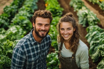 A happy couple smiles brightly in their lush, green organic farm, surrounded by rows of fresh produce, embracing sustainable farming.