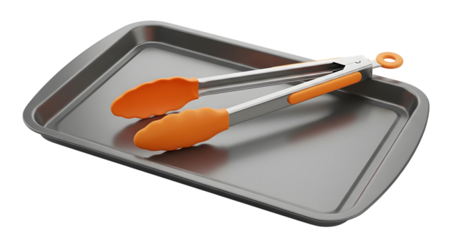 Baking sheet pan with orange silicone tongs isolated on transparent background