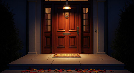  Cozy porch light glowing softly on a dark evening, illuminating a polished front door with a welcoming mat. A few colorful autumn leaves are scattered on the steps. Warmth, return, welcoming, suggest