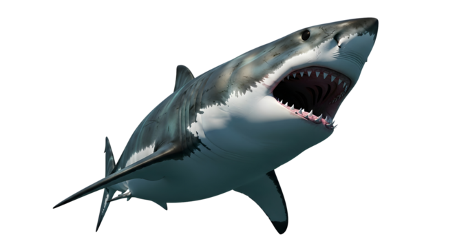 Great white shark swimming through ocean water predator under sea aquatic animal isolated on transparent background realistic illustration