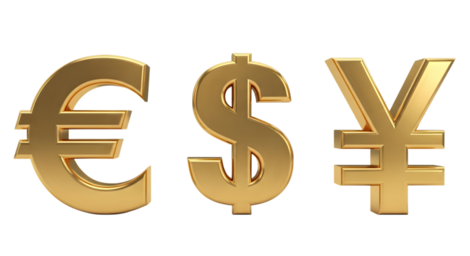 Golden euro, dollar, and yen currency symbols aligned, isolated on transparent background - Powered by Adobe