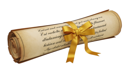 Rolled ancient scroll tied with a golden ribbon, isolated on transparent background