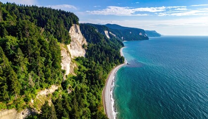 Dramatic coastline with lush green forest meeting the turquoise ocean under a bright blue sky with scattered clouds captured in a panoramic view