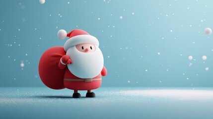Cute Cartoon Santa Claus Holding a Sack in a Snowy Winter Scene With a Light Blue Background