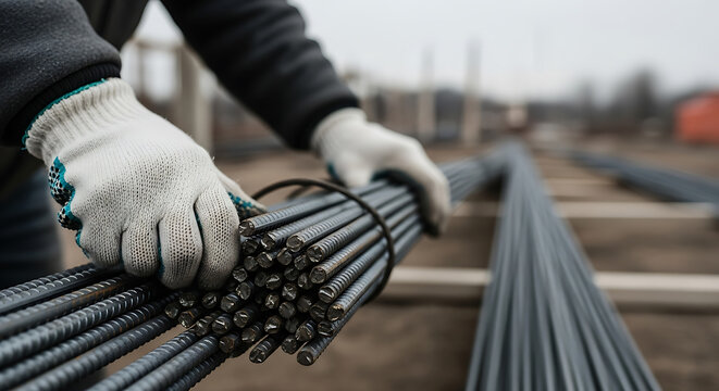 Worker in gloves holding bundle of steel rebar at construction site.