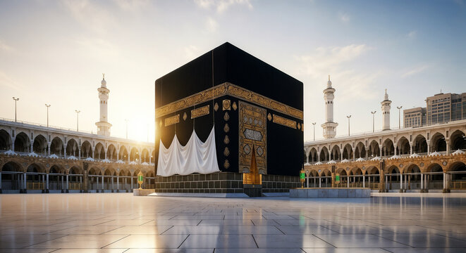 Cinematic sunrise view of the Holy Kaaba in Masjid al-Haram, Makkah. Golden light reflecting on marble floor, peaceful empty courtyard, sacred Islamic architecture, no people