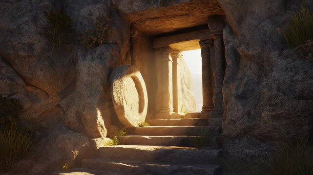 Empty Tomb of Jesus Christ with Rolled Away Stone and Open Entrance, Resurrection Concept, Easter Morning, Sunlight Streaming Through